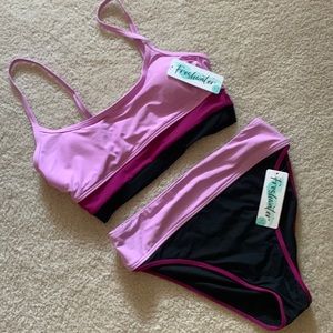 Freshwater two piece, medium, high cut, bikini, black/pink